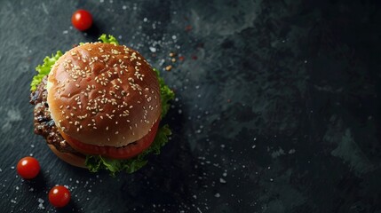 A menu concept featuring a tasty meat snack sandwich with a burger, meat cutlet beef steak, tomato, - obrazy, fototapety, plakaty