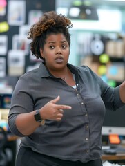 A plus-size black woman emotionally explaining the importance of diversity and inclusion principles 