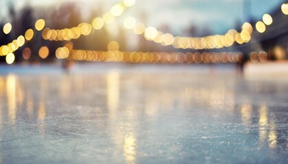 festive background with lights reflecting on the surface of the ice on the skating rink empty ice skating arena winter holidays bokeh lights copy space - obrazy, fototapety, plakaty