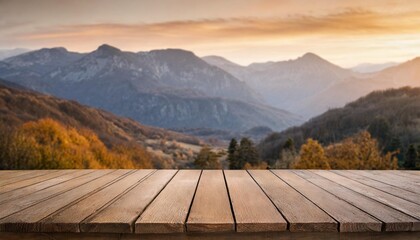 empty wooden desk with autumn mountains background