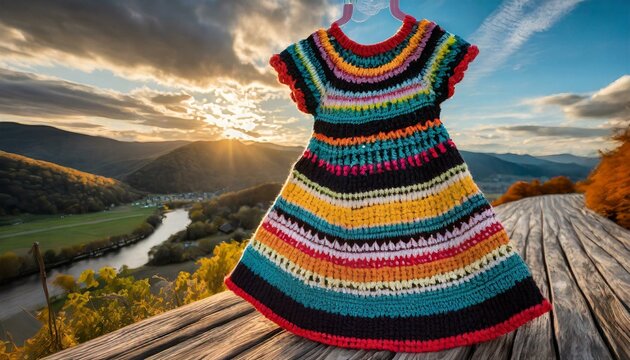 dress on the road.a delightful hand-knitted dress for children, designed with comfort and playfulness in mind, featuring a soft, stretchy fabric and adorable details like colorful stripes or appliqué 