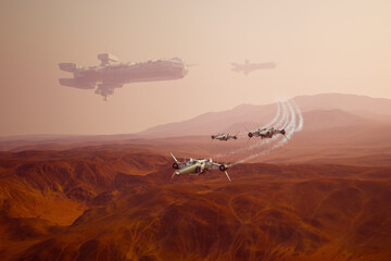 Advanced Aircraft Squadron Soaring Over an Alien-Like Red Desert Terrainscape © Dabarti