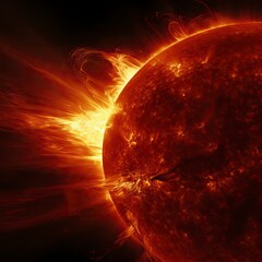 Surface of sun with prominences, solar radiation and magnetic storm