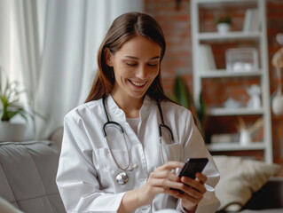 Sorridente, giovane e piacevole terapista medico di medicina generale in uniforme bianca che utilizza il telefono cellulare per videochiamare un paziente - obrazy, fototapety, plakaty