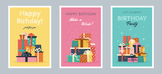 Set of Happy Birthday greeting cards or party invitations. isolated multicolored flat illustrations. Vector postcards with various gift boxes. Layered templates. Invitation concept.