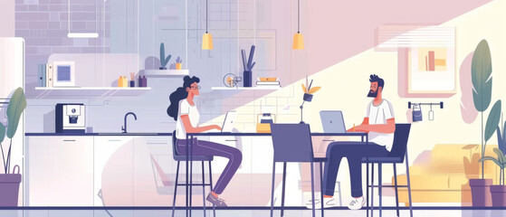 Flat design illustration of a home office setup with two individuals working.