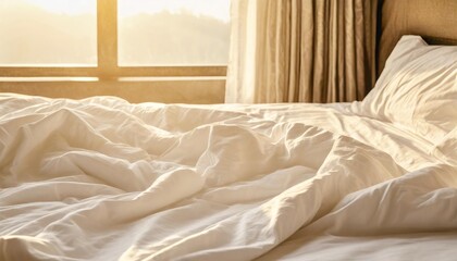 Fototapeta na wymiar white bed sheet blanket wrinkled duvet crumpled comforter cloth used in hotel resort or home interior for bedding background and sleep comfort