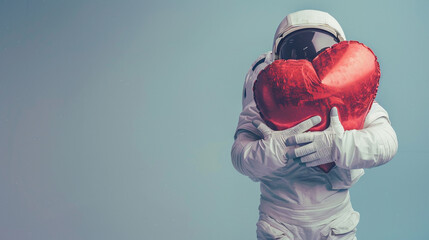 An astronaut hugging a large red heart. Plain color background.