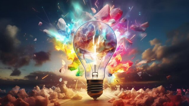 moment of creative spark concept with a light bulb surrounded by clouds 