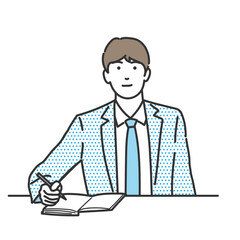 書類を書いているビジネスマンのイラスト　白バック、白背景、背景なしのベクター素材