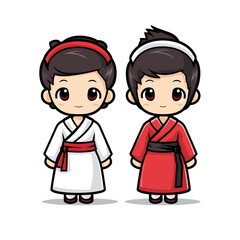 Japanese couple hand-drawn comic illustration. Japanese couple. Vector doodle style cartoon illustration