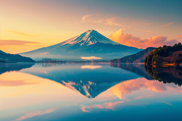 Fototapeta na wymiar Mount Fuji and Lake Shojiko at sunrise in Japan.