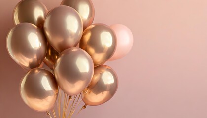 bunch of round rosegold ballons framing copy space against pink background