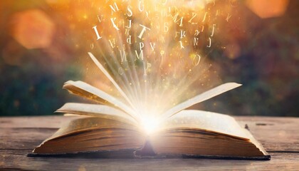 imagine opening an old book blurred with magic power on the table and the english alphabet floating above the book with magic light as a beautiful background design