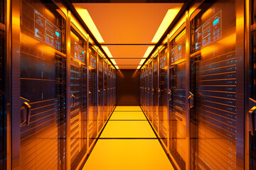 Advanced Data Center Server Room with High-Tech Cybersecurity Systems