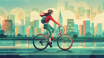 Fototapeta premium Vibrant City Cyclist Commuting on Streamlined Bicycle Through Futuristic Urban Landscape with Soaring Skyscrapers and Reflective Waterways