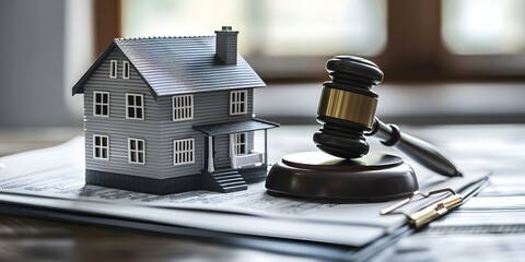 The Symbolism of Real Estate Auction: Gavel House Model and Legal Documents Representing Property Investment and Home Buying. Concept Real Estate Auctions, Gavel, House Models, Legal Documents - obrazy, fototapety, plakaty