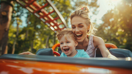 Fototapeta na wymiar Joyful Mother and Son Enjoying Roller Coaster Ride at Summer Theme Park
