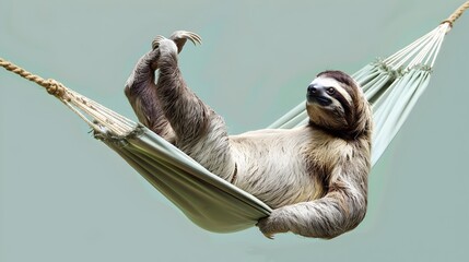 Sloth Relaxing in a Miniature Hammock Against a Light Green Background