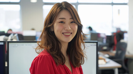 Mulher japonesa sorrindo vestindo uma camisa vermelha no escritório em frente ao computador trabalhando