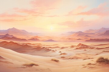 Fototapeta premium Desert dunes at sunset, watercolor, warm palette, horizontal angle, soft shadows