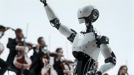Robotic Conductor Leading a Symphony Orchestra on a Pure White Stage - obrazy, fototapety, plakaty