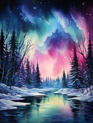 Frozen lake under northern lights, watercolor, vibrant aurora, low angle, night sky