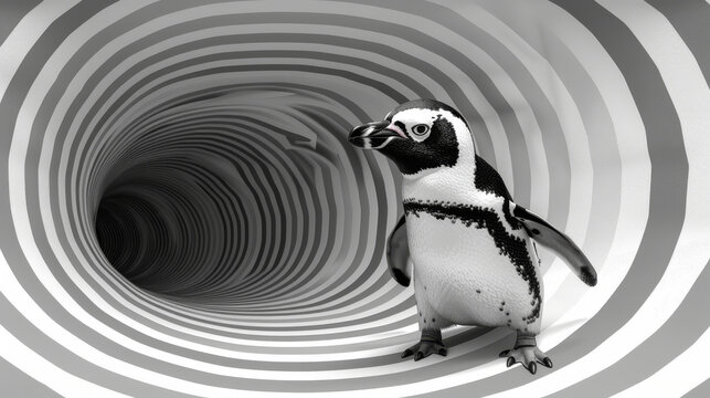  a black and white photo of a penguin standing in a tunnel of white and black stripes, with a black and white image of a penguin in the middle of the middle.