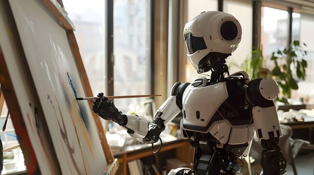 Robot Meticulously Painting on Canvas in Sunlit Art Studio