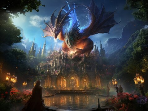 Enchanted Realms Unite A majestic dragon soars over ancient elfin forests, with wizards and elves united below Starlit kingdoms shimmer in the background