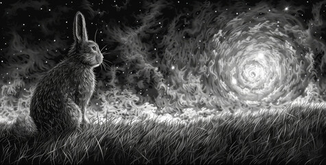  a black and white drawing of a rabbit sitting in a field of grass with a spiral design in the background. - obrazy, fototapety, plakaty