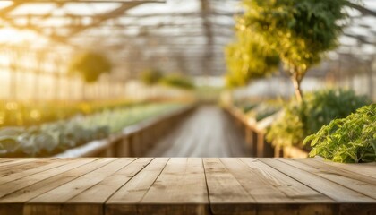 empty wood table top and blurred green tree and vegetable in greenhouse of agricultural farms background can used for display or montage your products - obrazy, fototapety, plakaty