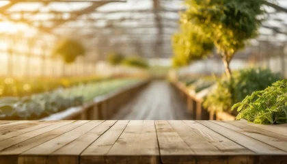 Foto op Plexiglas empty wood table top and blurred green tree and vegetable in greenhouse of agricultural farms background can used for display or montage your products © Lauren