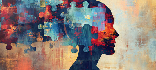 Complexity and Fragmentation Abstract Portrait of Human Head with Jigsaw Puzzle Pieces