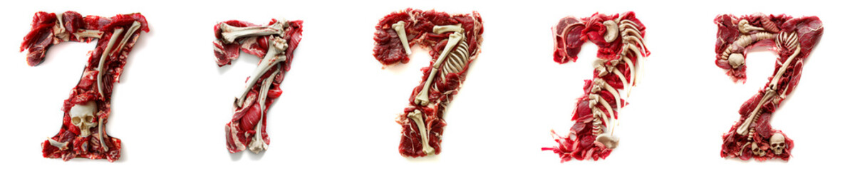 Number Seven Horror alphabet and number concept. Halloween isolated text. Creepy meat with bones, flesh and skin. Anatomy alphabet and numbers set. Isolated white background. Bloody rotten meat