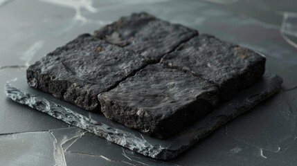  a square piece of black rock sitting on top of a stone slab on a black tablecloth covered table cloth.