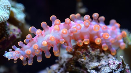  a close up of an orange and white sea anemone on a coral in an aquarium with other corals in the background.
