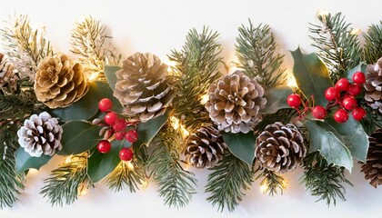 Fototapeta na wymiar christmas garland of evergreen tree pine and holly berries and cones on isolated white background