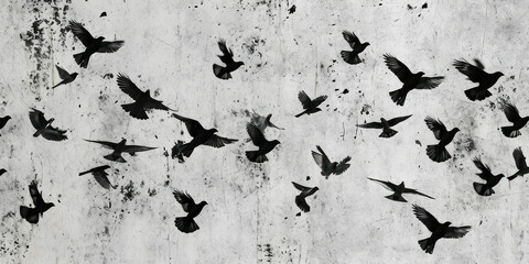 Monochrome image of birds soaring by a concrete wall in urban setting