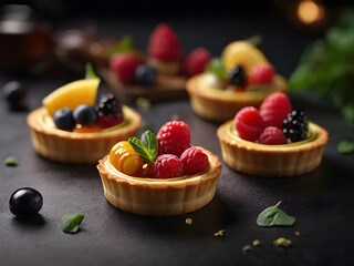 Different berries and fruit Tartlets on a dark table background. Tarts, open pastry pies with fresh berries strawberry, raspberry, and blueberry. Selective focus.