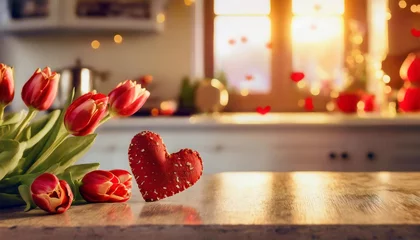 Fotobehang st valentines day themed border on kitchen table with love heart and red tulips and blurred kitchen in the background © Kristopher