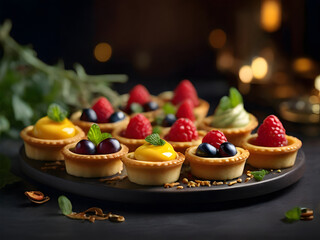 Different berries and fruit Tartlets on a dark table background. Tarts, open pastry pies with fresh berries strawberry, raspberry, and blueberry. Selective focus.