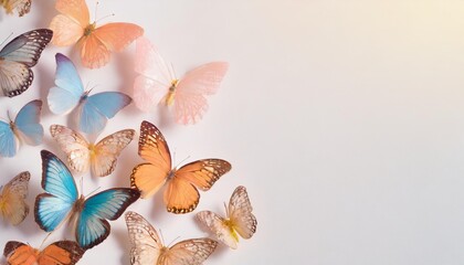 beautiful pink orange and blue butterflies on white background with copy space