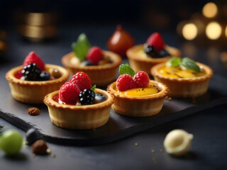 Different berries and fruit Tartlets on a dark table background. Tarts, open pastry pies with fresh berries strawberry, raspberry, and blueberry. Selective focus.