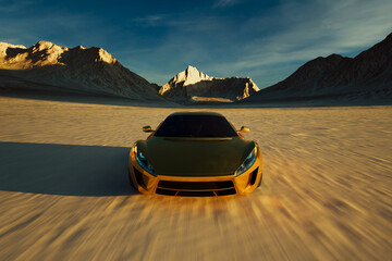 Fototapeta na wymiar Luxurious Golden Sports Car Racing Through Desert Landscape at Sunset