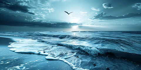 Beautiful seascape with ocean waves, clouds, sun and seagulls. Stormy seascape with stormy sea. Composition of nature. 