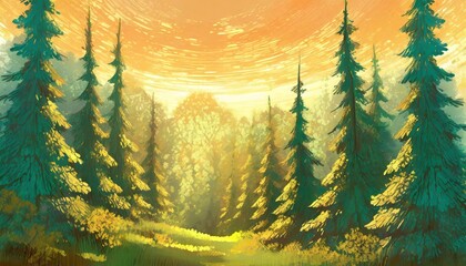 fantasy green forest trees illustration