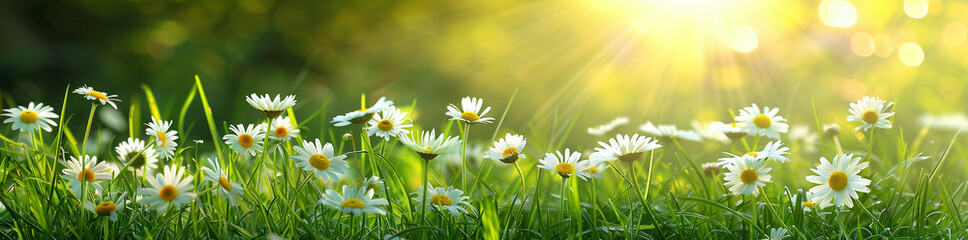 Beautiful spring landscape with daisies and meadow flowers in the grass. Natural spring, summer...