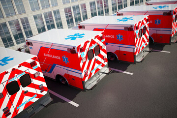 Fleet of Emergency Ambulances Ready for Dispatch Outside City Hospital © Dabarti