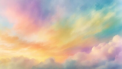 Naklejka na ściany i meble colorful watercolor background of abstract sunset sky with puffy clouds in bright rainbow colors of pink green blue yellow orange and purple